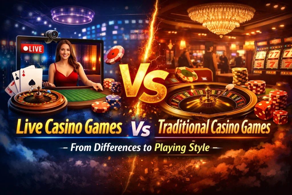 Live casino games vs traditional casino games comparison showing a live dealer on screen and a classic casino setup, highlighting differences in gameplay and playing style.