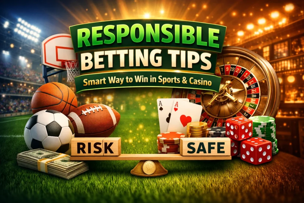Responsible betting tips banner showing sports balls and casino games with a balance between risk and safe betting choices