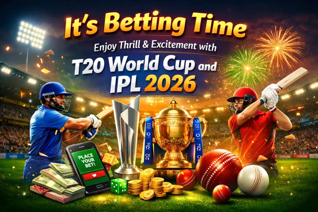 It’s Betting Time banner showing cricket players, T20 World Cup and IPL 2026 trophies, stadium lights, and online cricket betting excitement