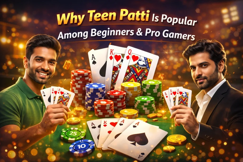 Teen Patti card game image showing beginners and professional players with cards, chips, and coins