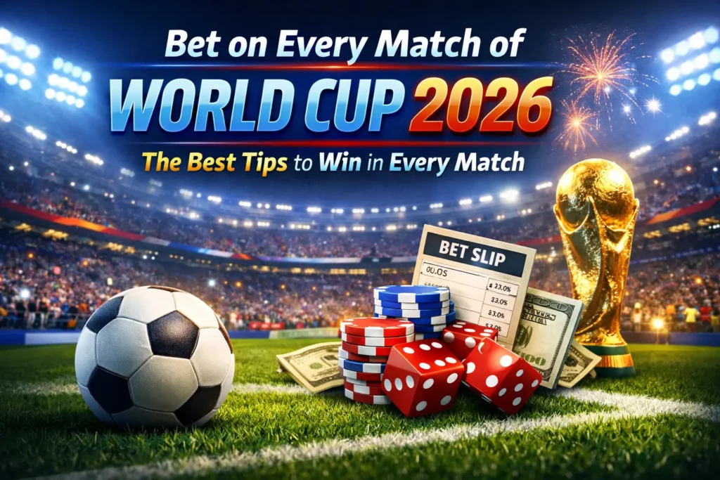 World Cup 2026 betting tips banner showing a football stadium, betting slip, chips, dice, and trophy representing smart betting on every match