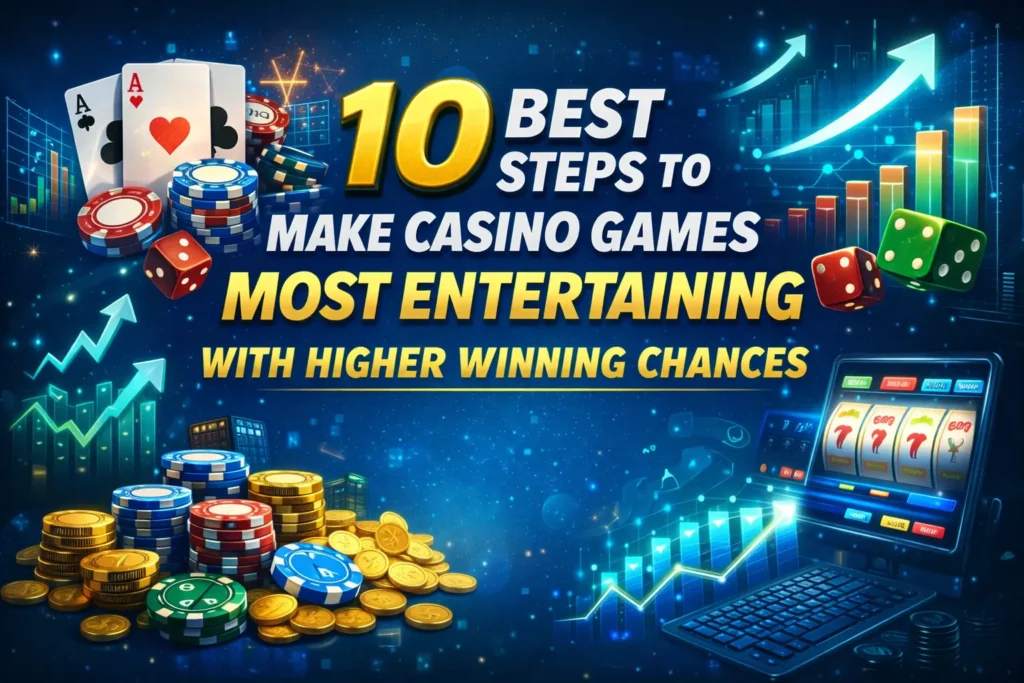 10 best steps to make casino games most entertaining with higher winning chances, showing casino chips, cards, dice, and digital growth charts on a blue background