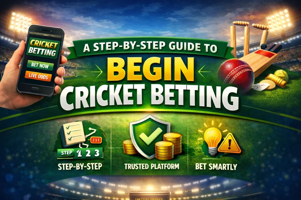 A step-by-step guide to begin cricket betting showing a trusted online betting platform, cricket bat and ball, and safe betting tips