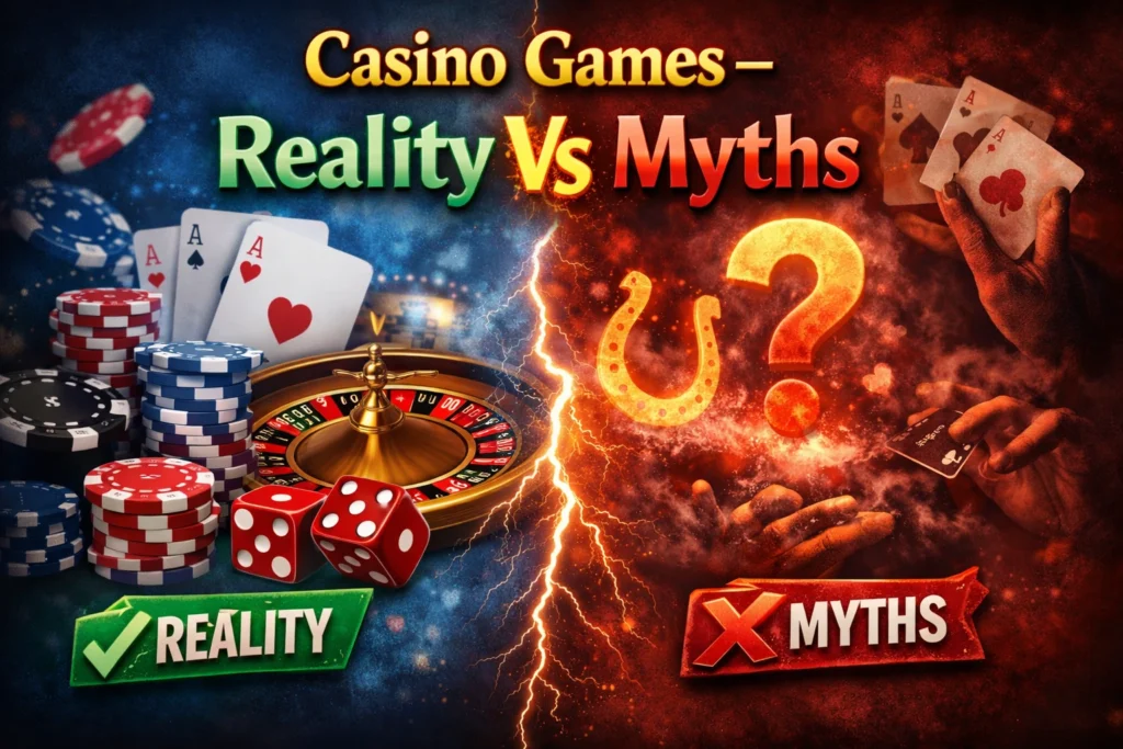 Casino games reality vs myths concept image.