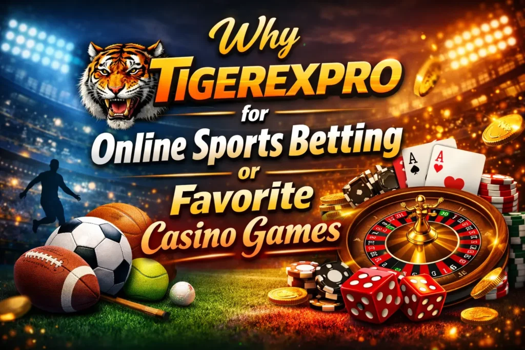 Alt Text (Google Friendly): Why Tigerexpro for online sports betting or favorite casino games banner with tiger logo, sports balls, roulette wheel, dice, and playing cards.
