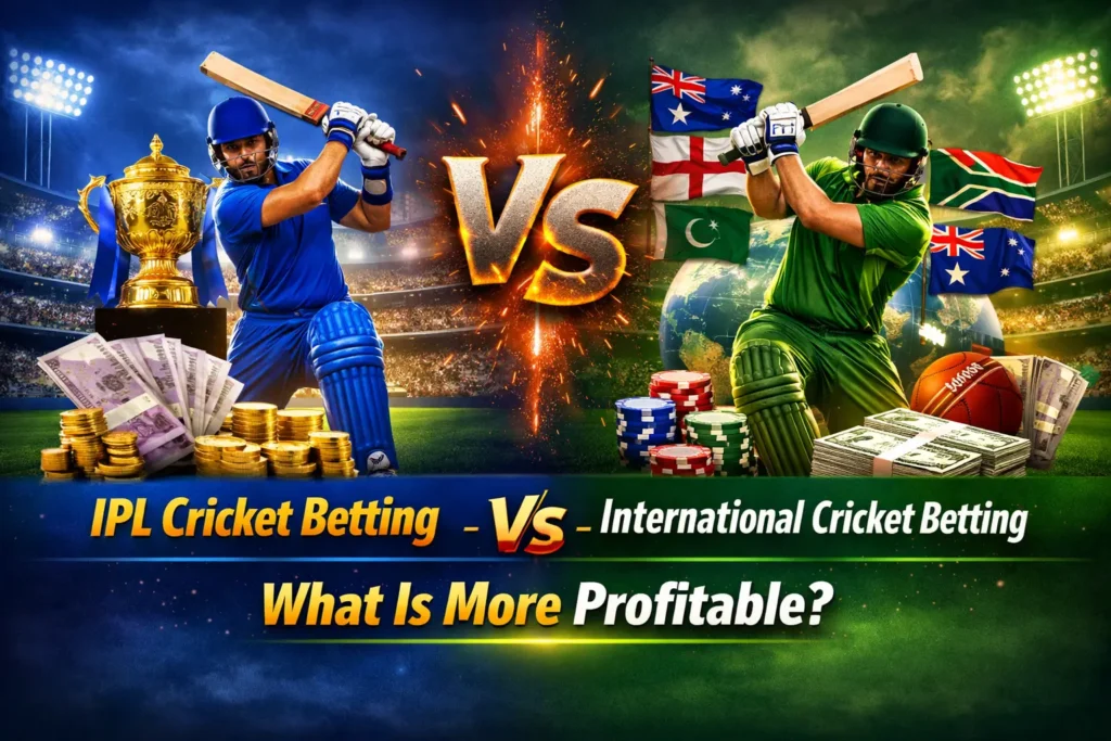 IPL Cricket Betting vs International Cricket Betting comparison image showing two cricketers in stadium, trophy, cash, poker chips, and title “What Is More Profitable?”