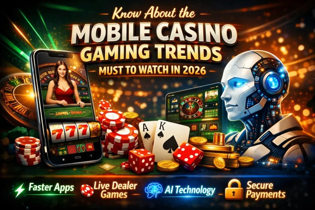 Mobile casino gaming trends 2026 banner showing smartphone casino games, live dealer, AI robot technology, poker chips, dice, and secure payment icons.