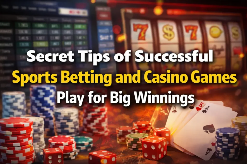 Secret Tips of Successful Sports Betting and Casino Games banner with poker chips, dice, playing cards, and slot machine background showing big winnings theme.