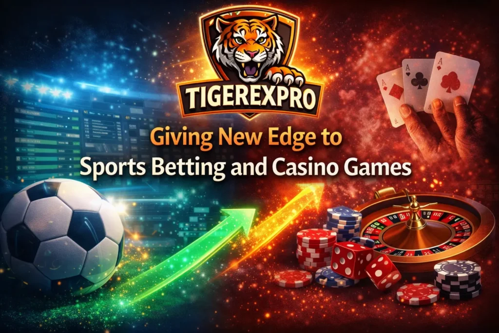 Tigerexpro sports betting and casino games banner showing football, roulette wheel, playing cards, and gaming chips.