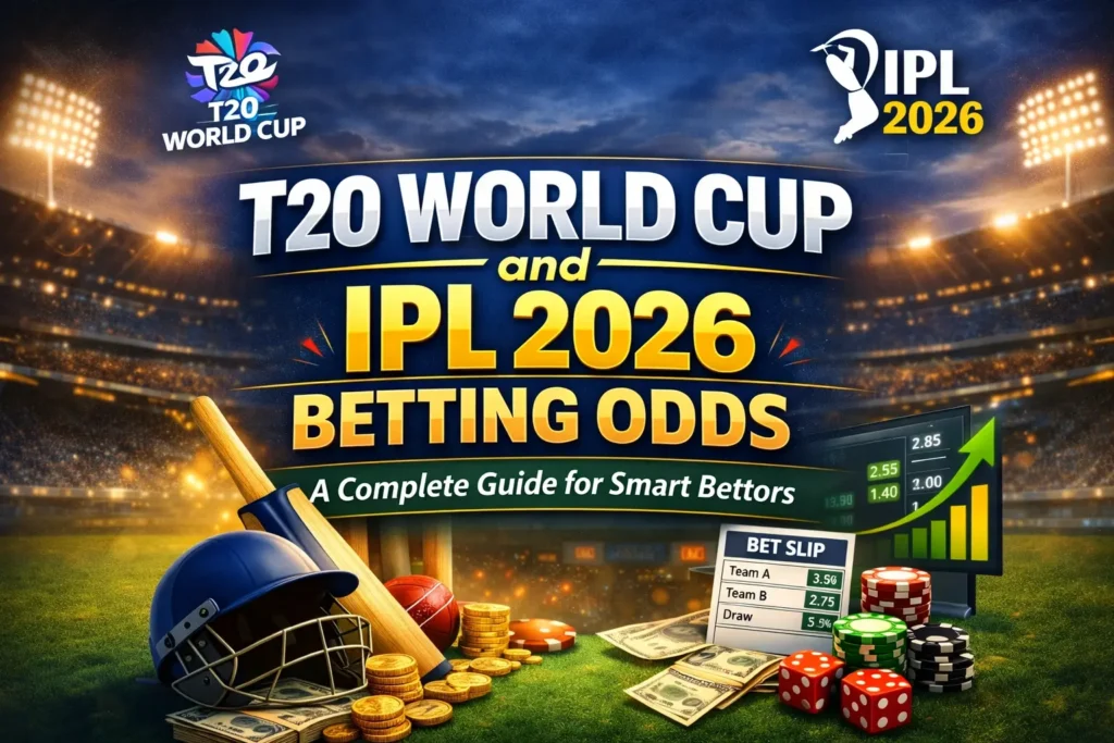 T20 World Cup and IPL 2026 betting odds guide with cricket stadium, bat, helmet, betting slip and sportsbook screen