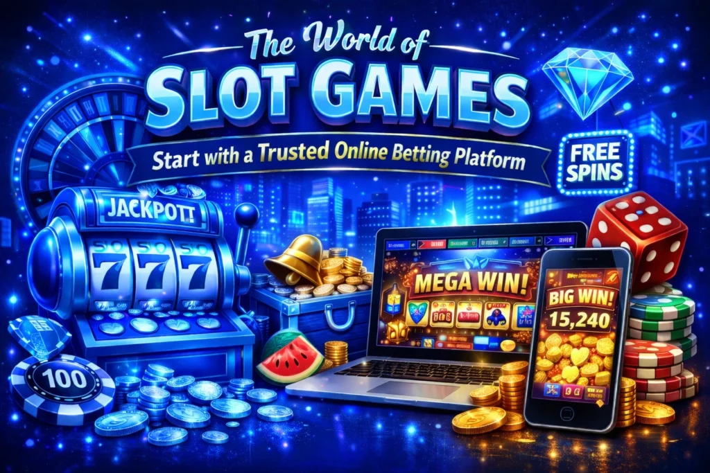 The World of Slot Games showing an online slot machine, mobile and laptop gameplay, jackpot wins, and secure betting elements on a trusted online platform.