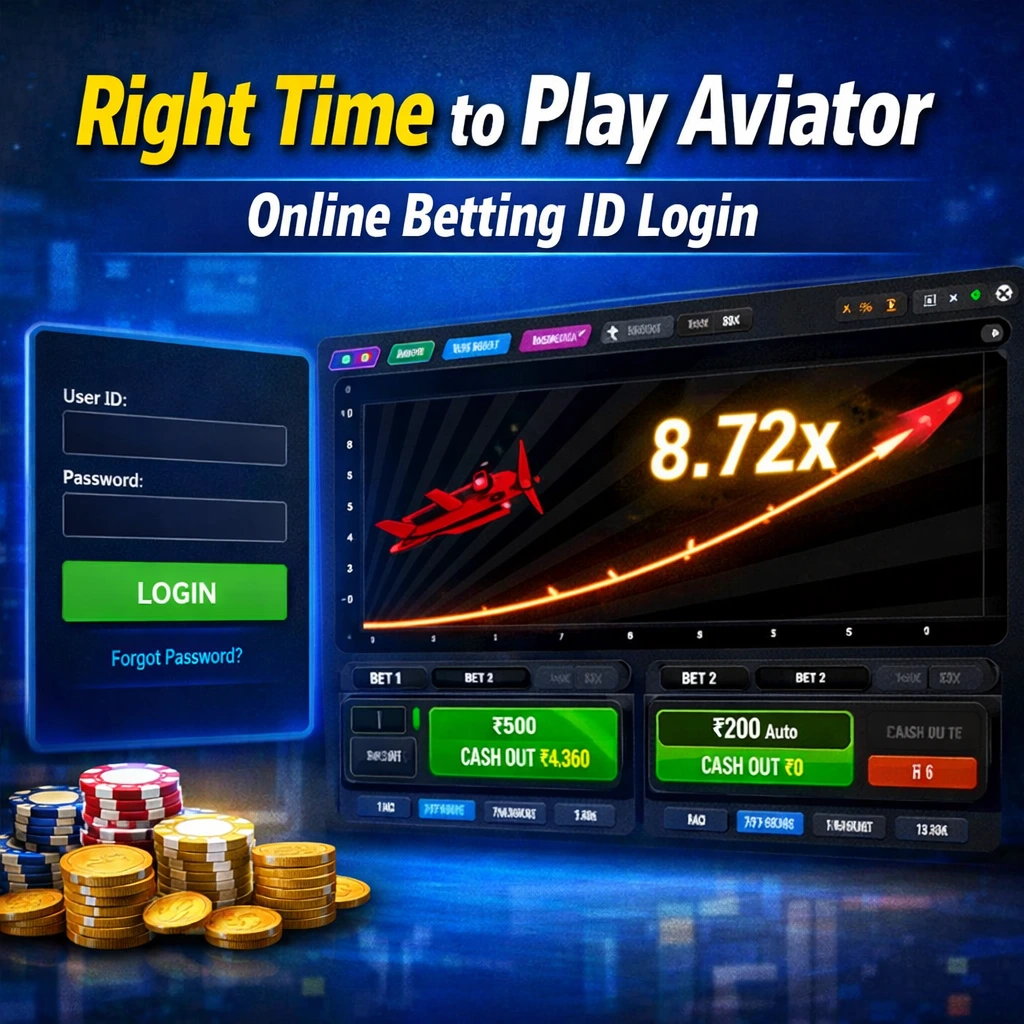 Right Time to Play Aviator banner showing online betting ID login panel and Aviator multiplier game interface in blue theme.