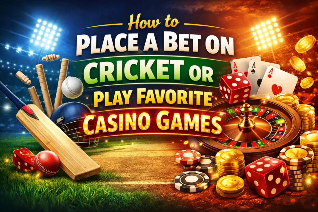 How to Place a Bet on Cricket or Play Favorite Casino Games banner showing cricket bat, ball, stadium lights, roulette wheel, poker chips, dice, and playing cards.